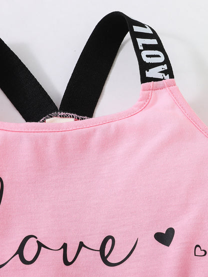 2pcs Toddler Girls Heart And "LOVE" Graphic Letter Tape Cami Top & Bow Contrast Binding Track Shorts Set Kids Summer Clothes