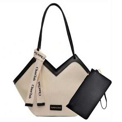Large-Capacity Faux Leather Tote Bag - Stylish Zipper Closure, Fixed Shoulder Straps, Simple and Spacious Design for Work, Daily Use, and Travel - Durable, Easy-to-Clean, and Trendy Accessory