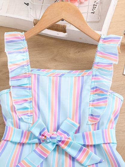 Girls Sleeveless Ruffle Trim Romper Striped Jumpsuit With Belt Kids Summer Clothes