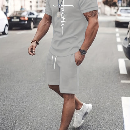 2 piece Men's 'Faith' Print Short Sleeve T-Shirt and Shorts Set - Comfortable Casual Loungewear for Summer