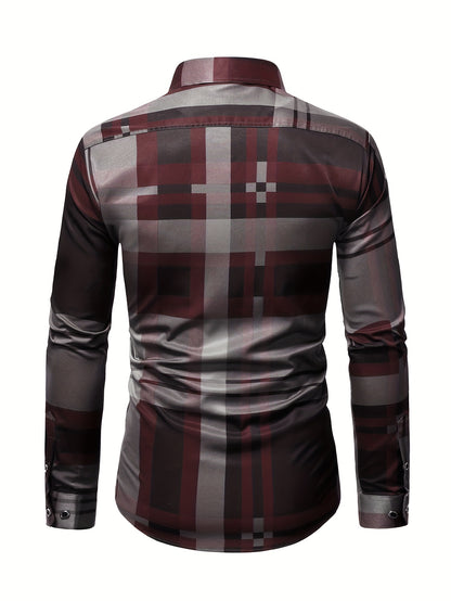 Non-Positional Cut Men's Casual Business Shirt with Plaid Print
