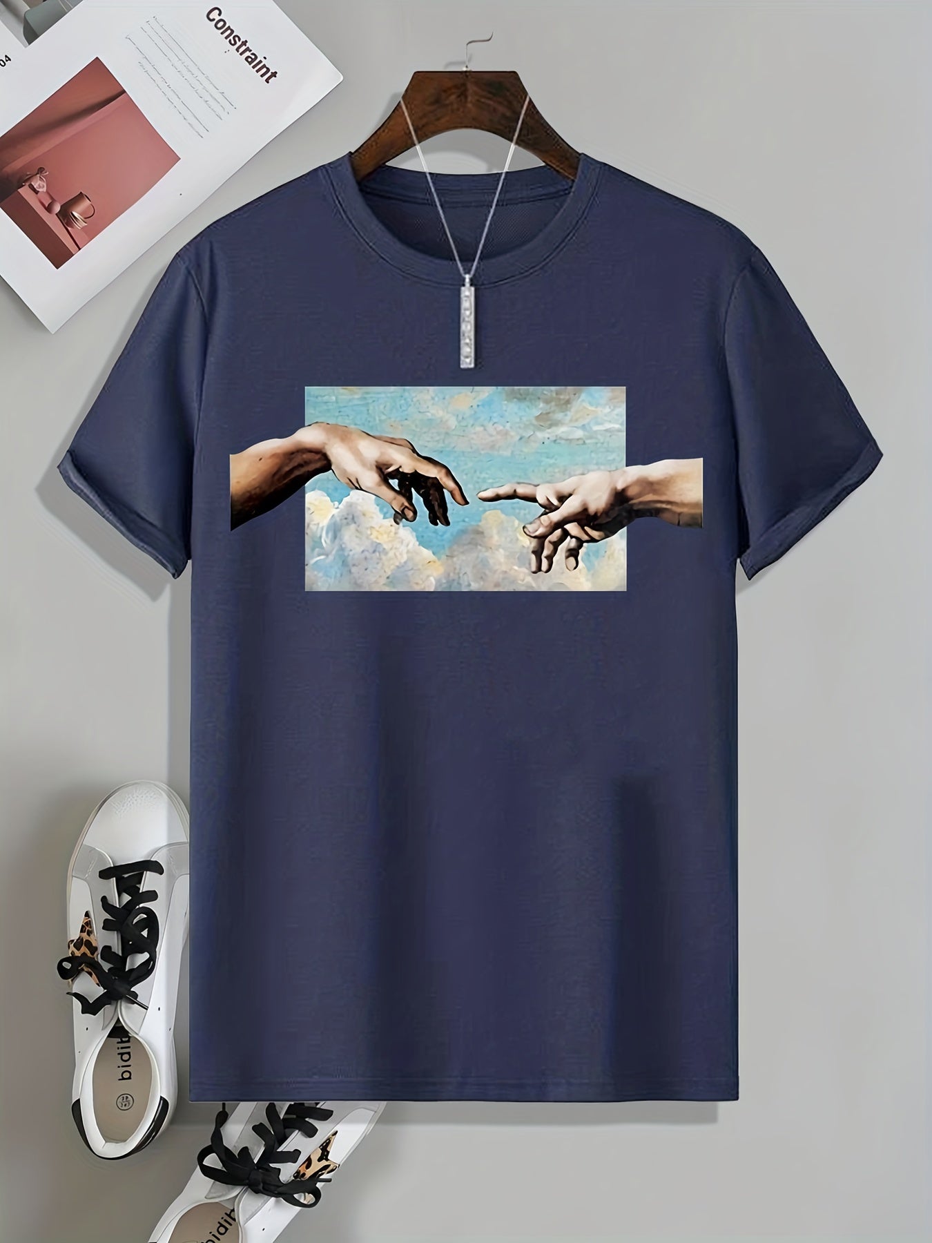 Mens Geometric Print Crew Neck T-Shirt - Soft Slight Stretch Polyester Fabric, Casual Short Sleeve Tee for Summer Spring Fall, Unique Applique Artwork, Machine Washable, Perfect Gift