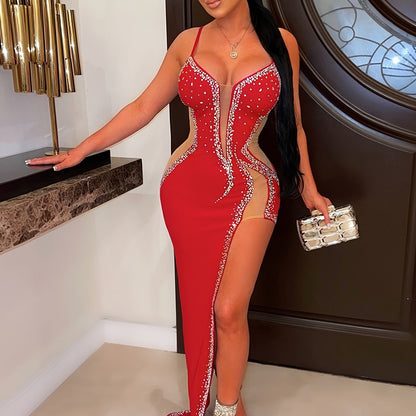 [95% Polyester Bodycon Party Dress] Women'S Sexy Rhinestone Long Dress, Asymmetrical Hem, Slingback, Sleeveless, Strapless Collar, Bodycon Knit Fabric, Polyester 95% Spandex 5% - All-Season Party Wear