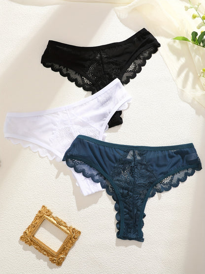 3pcs Women's Lace Trim Sexy Sheer Thong Set, Intimate Wear, Thong Collection, Feminine Lingerie, Elegant Thongs, Soft Lace, Comfortable Fit, Vstring Panties, Lowrise Underwear, Sensual Undergarments, Lingerie Lovers