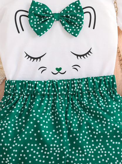 2pcs Girls Cute Cat Graphic Bow T-Shirts Round Neck Short Sleeve Tees Top & Elastic Waist Polka Dots Ruffled Hem Shorts Set Kids Summer Clothes