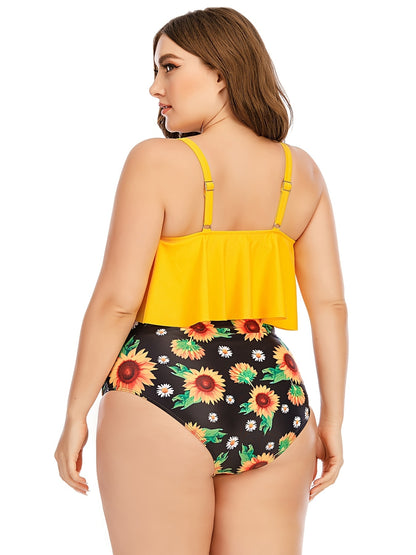 2pcs Plus Size Irregular Hem Top & Sunflower Print Panty Swimsuit Set, Women's Plus Medium Stretch Modest Swimsuit Set