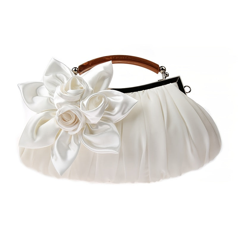 Floral Decor Clutch Bag, Elegant Ruched Detail Handbag, Women's Trendy Chain Shoulder Bag For Party