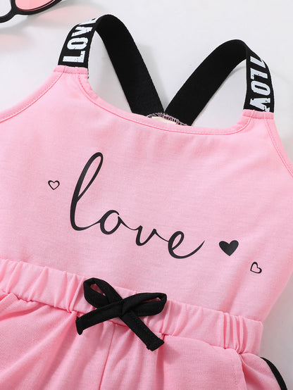 2pcs Toddler Girls Heart And "LOVE" Graphic Letter Tape Cami Top & Bow Contrast Binding Track Shorts Set Kids Summer Clothes