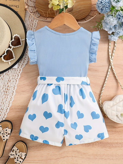 Girls Ruffle Trim Round Neck Top & Heart Graphic Belted Shorts Set Kids Summer Clothes