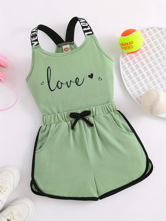 2pcs Toddler Girls Heart And "LOVE" Graphic Letter Tape Cami Top & Bow Contrast Binding Track Shorts Set Kids Summer Clothes