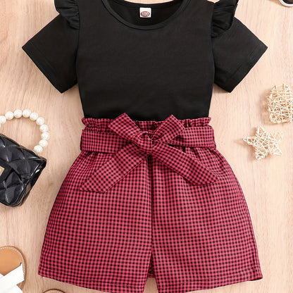2pcs Girls Round Neck T-Shirt Ruffles Short Sleeves Tee Tops & Belted Plaid Shorts Set Summer Clothes