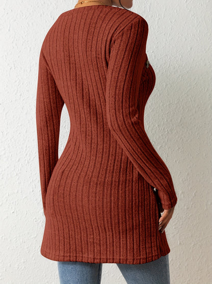 Button Decor Asymmetrical Hem T-Shirt, Casual Ribbed Long Sleeve Top For Spring & Fall, Women's Clothing