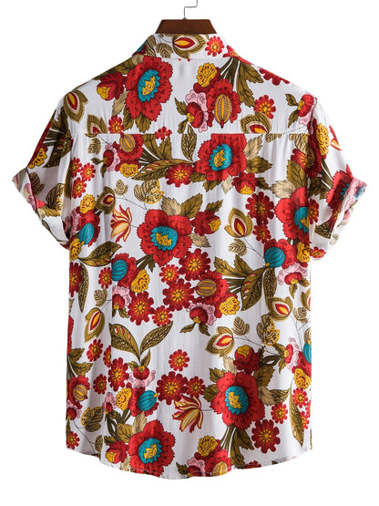Stylish Mens Floral Short Sleeve Shirt - Breathable Cotton Blend, Relaxed Fit, Lapel Collar, Button Front, Hand Washable - Perfect for Casual Summer Outings