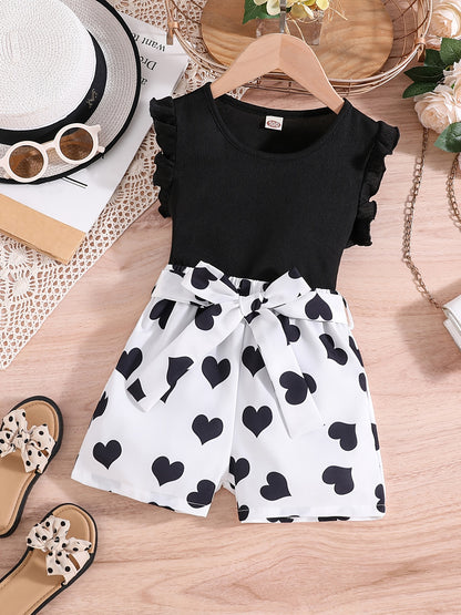 Girls Ruffle Trim Round Neck Top & Heart Graphic Belted Shorts Set Kids Summer Clothes
