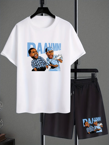 Men's Cartoon Letter Graphic Drop Shoulder Short Sleeve Crew Neck T-shirt & Drawstring Pockets Shorts Loungewear Set, Casual Fashion Skin-friendly And Comfortable Pajama Set, Plus Size