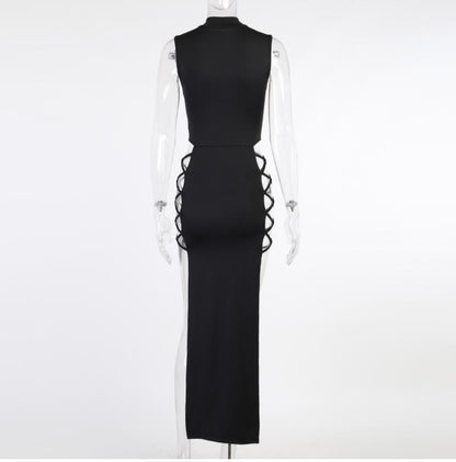 Solid Sleeveless Hollow Out Sexy Dress, High Split High Neck Dress, Women's Clothing