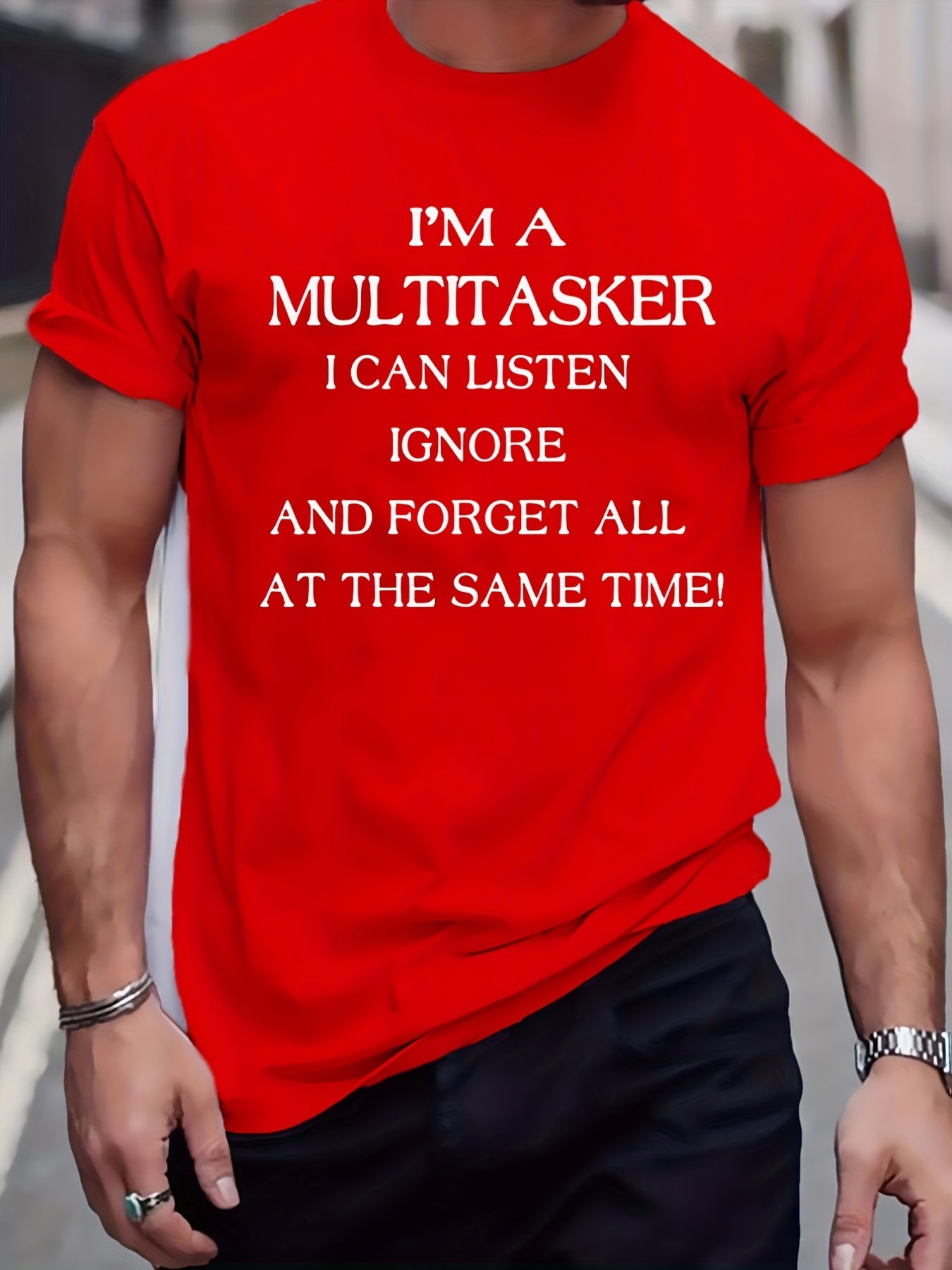 Men's Plus Size Beige T-Shirt - "I'm a Multitasker" Humorous Print, Casual Mid-Stretch Crew Neck, Short Sleeve, Ideal for Summer, Youth Casual Top|Humorous Print Tee|Nontransparent Material, PLUS SIZE
