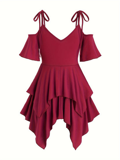 [One Cold Shoulder Drawstring T-shirt] Solid V Neck Cold Shoulder Drawstring T-shirt, Casual Asymmetrical Hem T-shirt For Summer, Women's Clothing