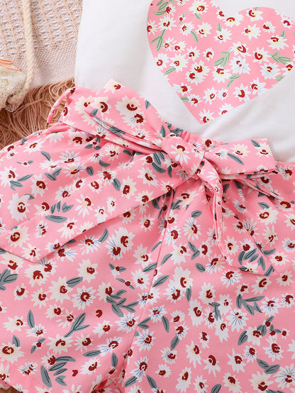 Girls 2pcs Round Neck Sleeveless Tank Top & Elastic Waist Shorts With Belt Floral Love Print Casual Kids Clothes Summer