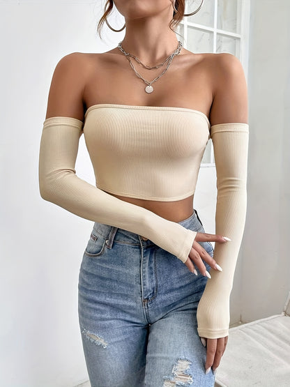 Women's Off-Shoulder Short Crop Top - Slim-Fit Sleeve Stretchy Shirt, Solid Black All-Season Versatile Top for Casual & Formal Outfits, Machine Washable Elegant Women's Fashion Apparel
