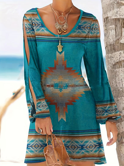 Aztec Print Ethnic Split Sleeve Dress, Boho Vintage V Neck Mini Dress, Women's Clothing