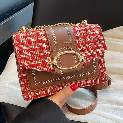 Mini Plaid Pattern Tweed Bag, Buckle Decor Shoulder Square Bag, Chain Crossbody Flap Purse For Everyday