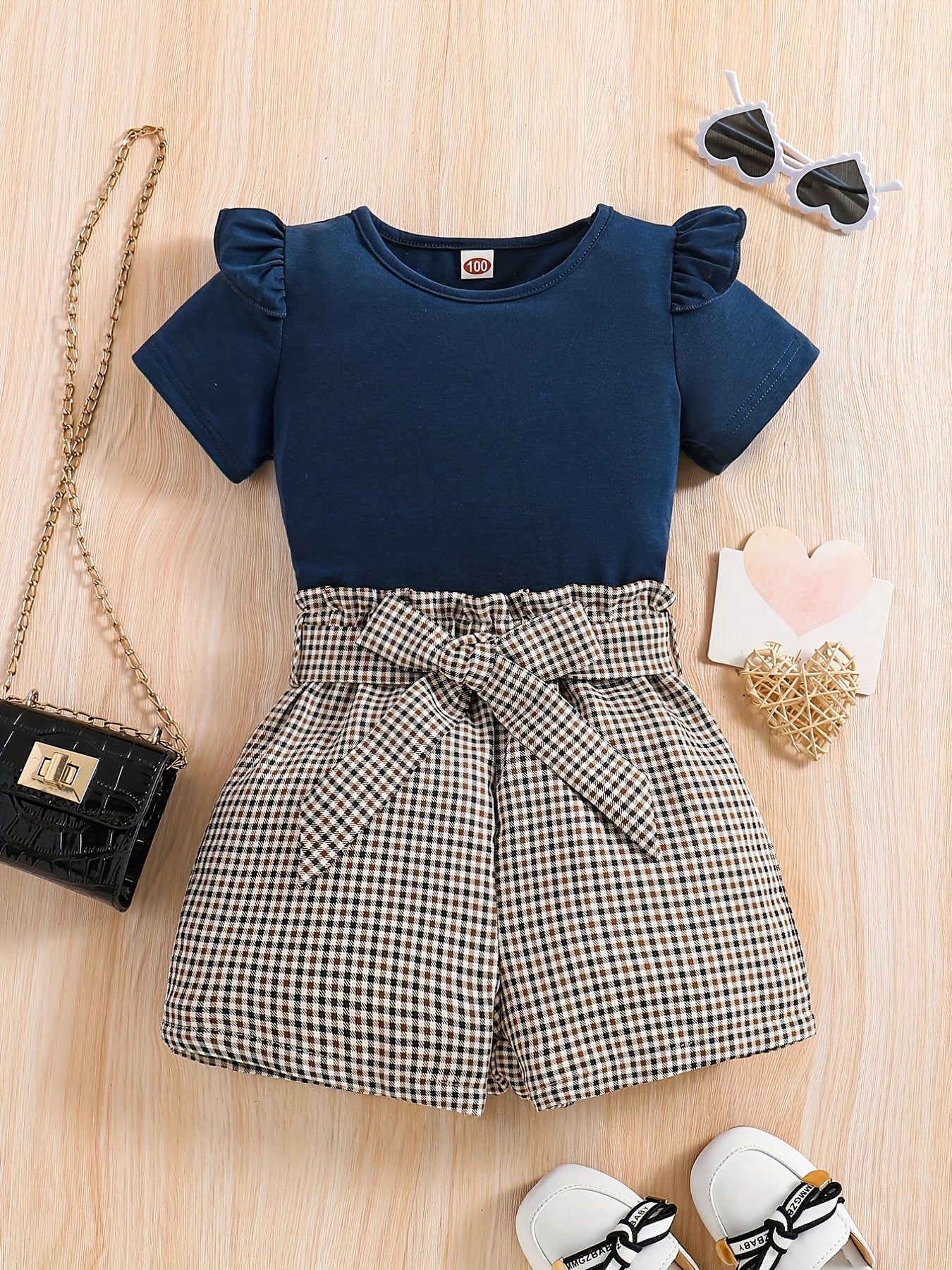 2pcs Girls Round Neck T-Shirt Ruffles Short Sleeves Tee Tops & Belted Plaid Shorts Set Summer Clothes
