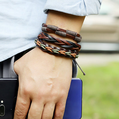 6pcs Retro Funky Men'S Alloy Combination Life Tree Faux Leather Braided Bracelet - Antique Golden Plated, Pendant Material: Alloy, Brand: HUANMING