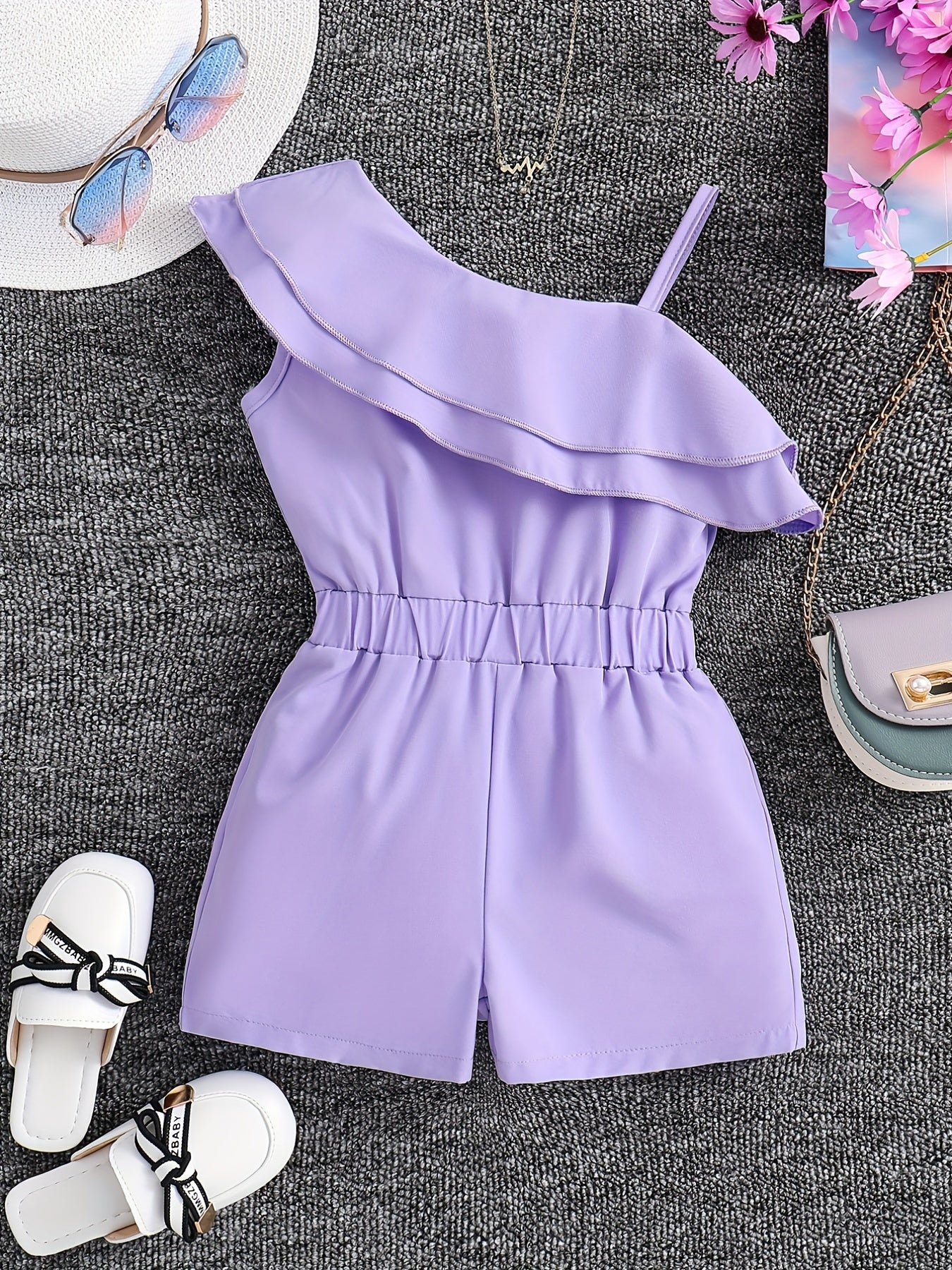Adorable Girls' White One-Shoulder Romper Jumpsuit - Ruffled, Sleeveless, Summer Outfit for Kids - Breathable, Soft, Comfortable Clothing for Little Princesses