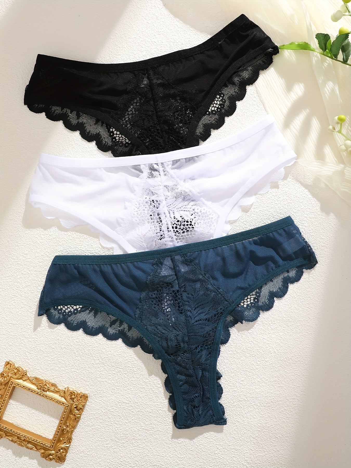 3pcs Women's Lace Trim Sexy Sheer Thong Set, Intimate Wear, Thong Collection, Feminine Lingerie, Elegant Thongs, Soft Lace, Comfortable Fit, Vstring Panties, Lowrise Underwear, Sensual Undergarments, Lingerie Lovers