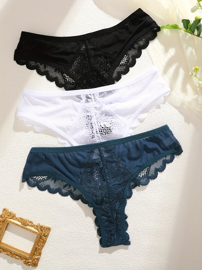 3pcs Women's Lace Trim Sexy Sheer Thong Set, Intimate Wear, Thong Collection, Feminine Lingerie, Elegant Thongs, Soft Lace, Comfortable Fit, Vstring Panties, Lowrise Underwear, Sensual Undergarments, Lingerie Lovers
