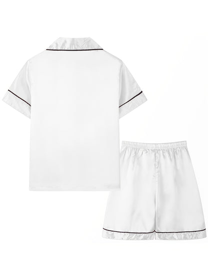 2pcs Girls Pajamas Outfit V-neck Button Casual Short Sleeve Top & Elastic Waist Shorts Set Kids Summer Clothes