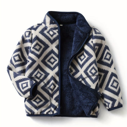 New Boys Vintage Plaid Printed Casual Thickened Warm Stand Collar Zipper Jacket