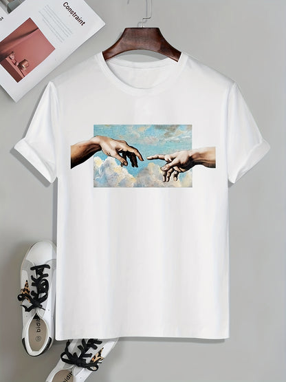 Mens Geometric Print Crew Neck T-Shirt - Soft Slight Stretch Polyester Fabric, Casual Short Sleeve Tee for Summer Spring Fall, Unique Applique Artwork, Machine Washable, Perfect Gift