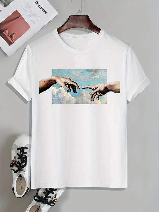 Mens Geometric Print Crew Neck T-Shirt - Soft Slight Stretch Polyester Fabric, Casual Short Sleeve Tee for Summer Spring Fall, Unique Applique Artwork, Machine Washable, Perfect Gift