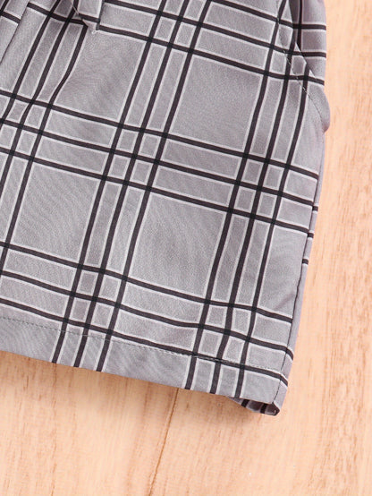 2pcs Girls Figure Graphic T-Shirts Round Neck Ruffle Sleeve Tees Top & Elastic Waist Bow Plaid Shorts Set Kids Summer Clothes