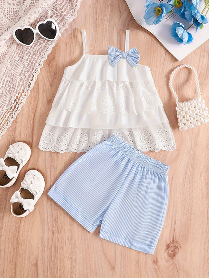 2pcs Lace Camisole Top and Elastic Waist Striped Shorts Girls Outdoor Set