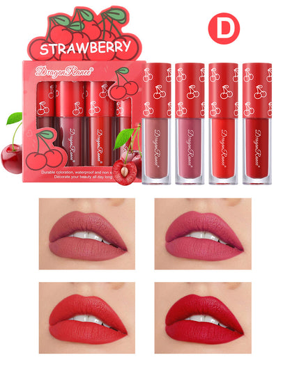 4 Pcs Strawberry Matte Lipstick Set - Lip Stains with Waterproof, Non-Stick, Velvety Finish and Long-Lasting Lip Glaze - Perfect Valentine's Day Gifts for Women with Lip Care Benefits