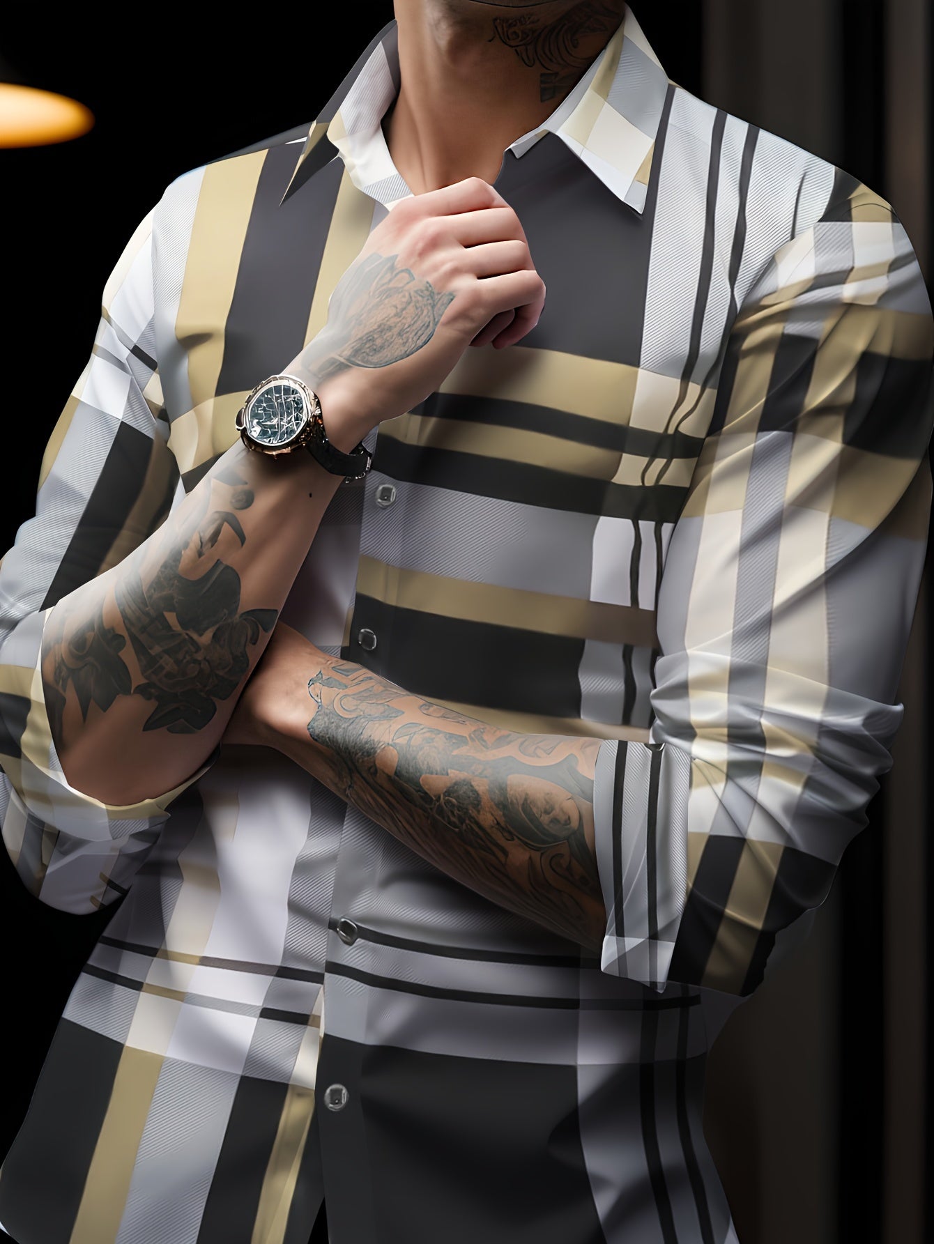 Non-Positional Cut Men's Casual Business Shirt with Plaid Print