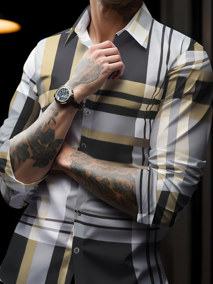Non-Positional Cut Men's Casual Business Shirt with Plaid Print