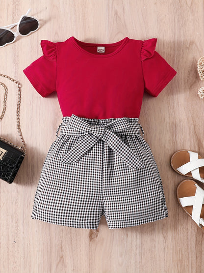 2pcs Girls Round Neck T-Shirt Ruffles Short Sleeves Tee Tops & Belted Plaid Shorts Set Summer Clothes