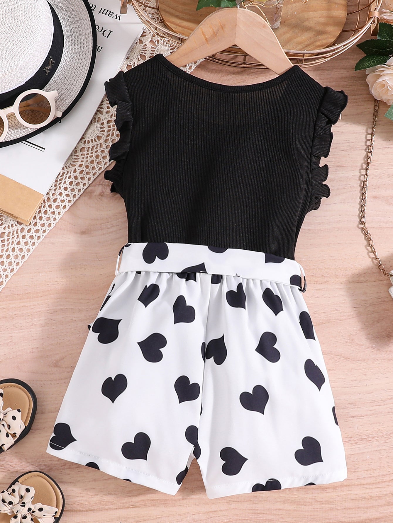 Girls Ruffle Trim Round Neck Top & Heart Graphic Belted Shorts Set Kids Summer Clothes