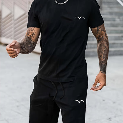 2Pcs Mens Seagull Print Loungewear Set - Fashionable Casual Crew Neck T-Shirt & Drawstring Shorts for Summer - Comfortable Short Sleeve Outfit for Lounging, Vacation, and Workout