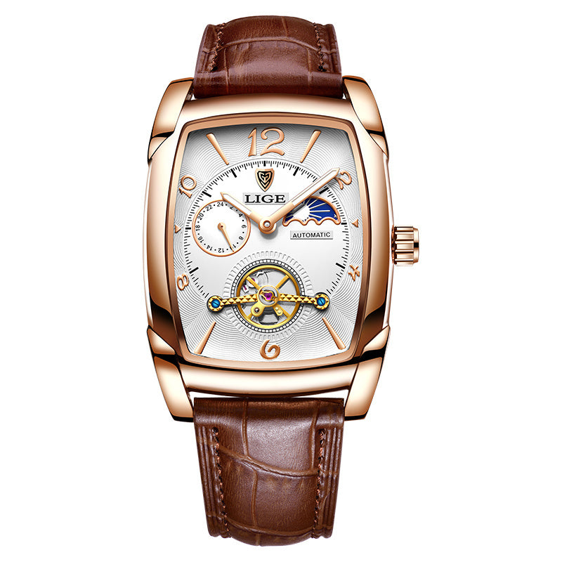 LIGE 2023 Vintage-Inspired Mechanical Men's Watch – Waterproof, Rectangular Leather Timepiece, Perfect Gift