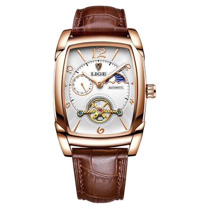 LIGE 2023 Vintage-Inspired Mechanical Men's Watch – Waterproof, Rectangular Leather Timepiece, Perfect Gift
