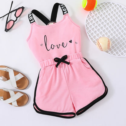 2pcs Toddler Girls Heart And "LOVE" Graphic Letter Tape Cami Top & Bow Contrast Binding Track Shorts Set Kids Summer Clothes