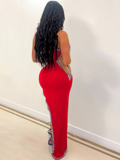 [95% Polyester Bodycon Party Dress] Women'S Sexy Rhinestone Long Dress, Asymmetrical Hem, Slingback, Sleeveless, Strapless Collar, Bodycon Knit Fabric, Polyester 95% Spandex 5% - All-Season Party Wear