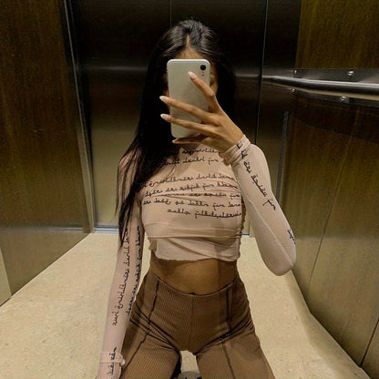 Trendy Letter Print Mesh Top - Fashionable & Breathable Semi-sheer Womens T-shirt - Long Sleeve Spring & Summer Essential
