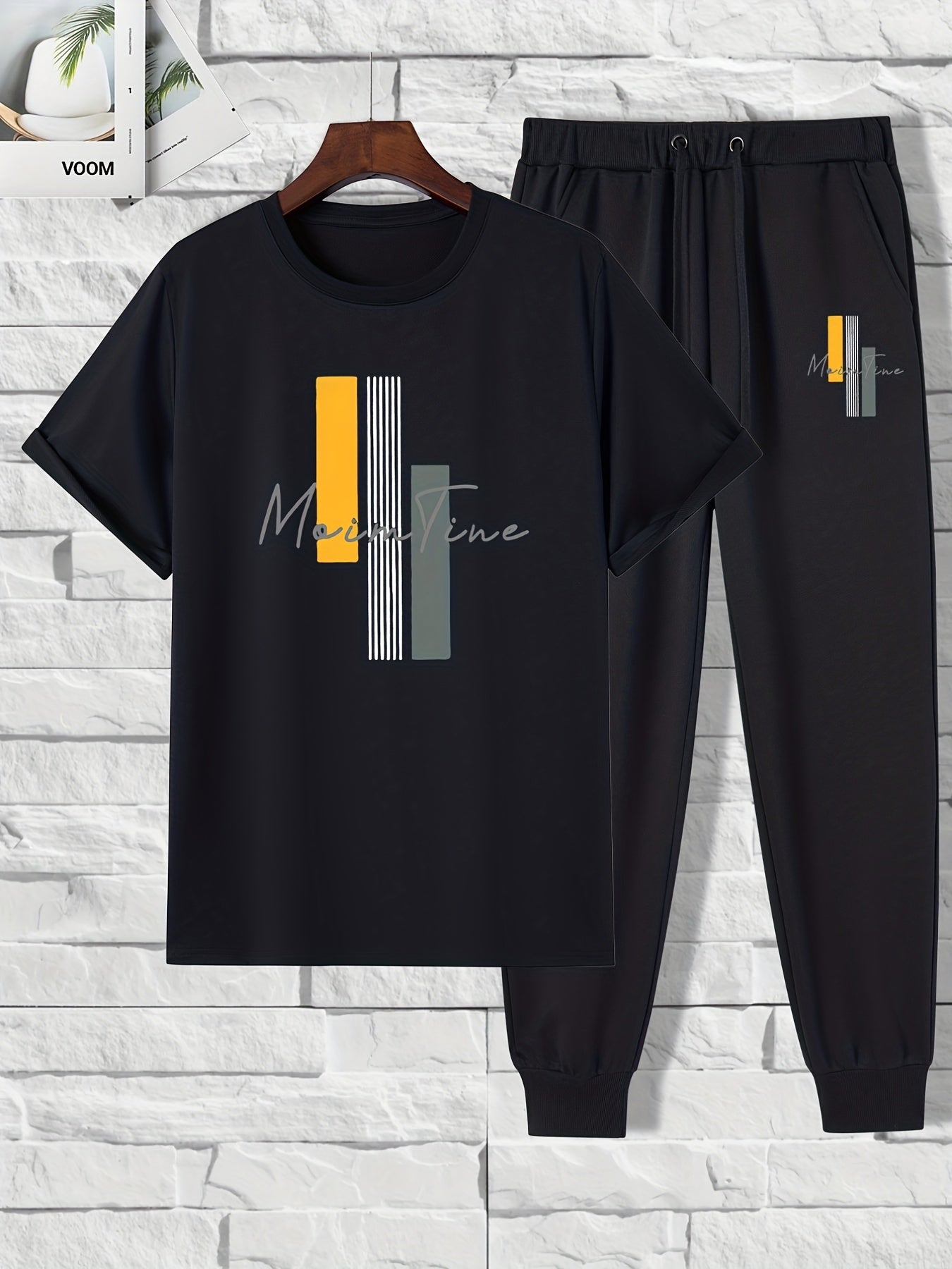 Color Blocks Print, Men's 2 Pieces Outfits, Short Sleeve T-Shirt And Drawstring Trousers Set