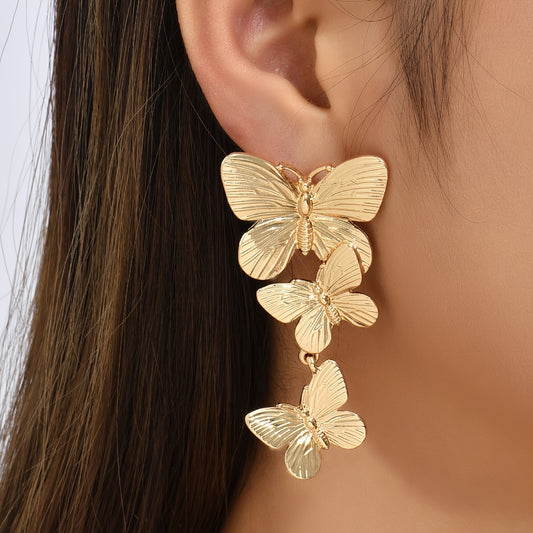Large  Golden Plated Dangling Butterfly Earrings - Unique Animal Design, Fashionable Ladies Jewelry Accessories - Exquisite Personalized Statement Piece for Women